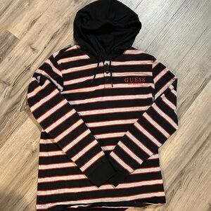 GUESS Men's Black and Gray Striped Hoodie